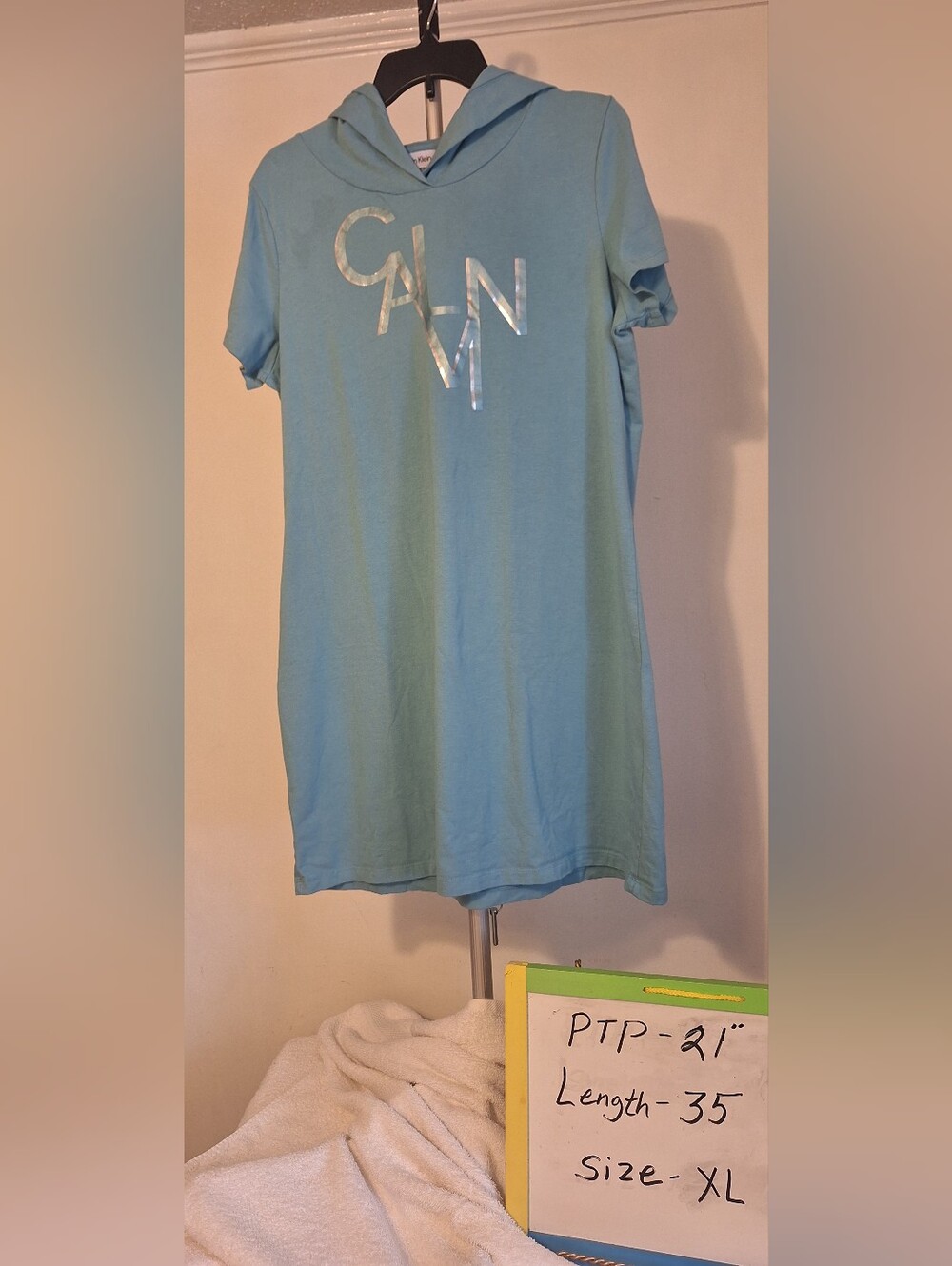 Calvin Klein Light Blue Hooded Tee Shirt Dress with Iridescent Logo